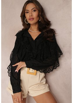 Czarna Koronkowa Koszula z Błyszczącą Nitką i Siateczką Navies ze sklepu Renee odzież w kategorii Koszule damskie - zdjęcie 157087181