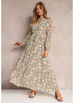 Jasnozielona Sukienka Maxi Ściągana w Pasie z Metaliczną Nitką i Rozkloszowanym Dołem Kiaza ze sklepu Renee odzież w kategorii Sukienki - zdjęcie 157088393