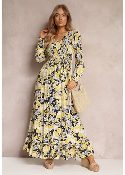 Żółto-Granatowa Rozkloszowana Sukienka Maxi z Gumką i Paskiem w Talii Pranisha ze sklepu Renee odzież w kategorii Sukienki - zdjęcie 157088414