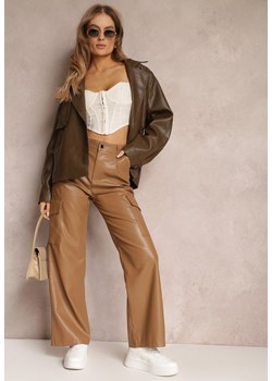 Brązowe Szerokie Spodnie z Wysokim Stanem z Imitacji Skóry Alymia ze sklepu Renee odzież w kategorii Spodnie damskie - zdjęcie 157088703