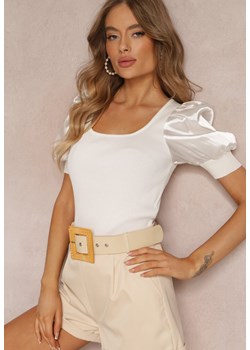 Biała Prążkowana Bluzka z Satynowymi Rękawami Thinih ze sklepu Renee odzież w kategorii Bluzki damskie - zdjęcie 157088753