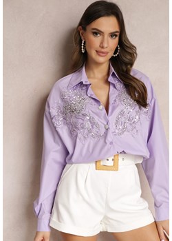 Fioletowa Oversizowa Koszula Zdobiona z Przodu Cyrkoniami i Cekinami Kalyiah ze sklepu Renee odzież w kategorii Koszule damskie - zdjęcie 157088761