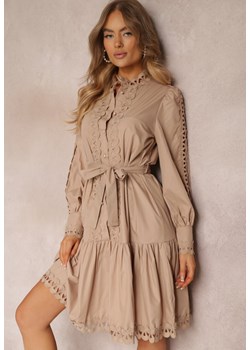 Beżowa Sukienka Midi z Ażurowymi Wstawkami i Wiązanym Paskiem Hudo ze sklepu Renee odzież w kategorii Sukienki - zdjęcie 157089083
