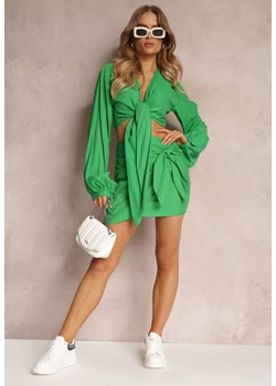 Zielony 2-częściowy Komplet Casual z Bluzką i Spódnicą Mini Udekorowanych Wiązaniem Beasia ze sklepu Renee odzież w kategorii Komplety i garnitury damskie - zdjęcie 157089130