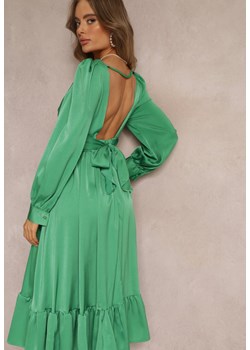 Zielona Sukienka Midi z Falbanką na Dole i Supełkiem przy Trójkątnym Dekolcie Nimalisa ze sklepu Renee odzież w kategorii Sukienki - zdjęcie 157089151