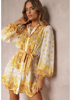 Żółta Wiązana Sukienka z Kołnierzykiem i Gumką w Pasie Santanna ze sklepu Renee odzież w kategorii Sukienki - zdjęcie 157089221