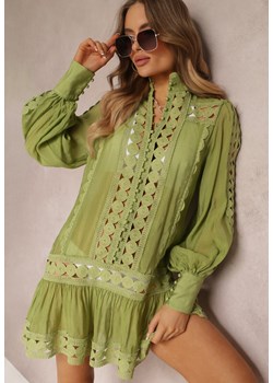 Zielona Koronkowa Tunika Pudełkowa z Falbaną Nawal ze sklepu Renee odzież w kategorii Odzież plażowa - zdjęcie 157089282