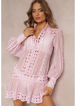 Różowa Koronkowa Tunika Pudełkowa z Falbaną Nawal ze sklepu Renee odzież w kategorii Odzież plażowa - zdjęcie 157089302