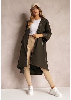 Ciemnozielony Płaszcz z Kapturem i Dłuższym Tyłem Kemiah ze sklepu Renee odzież w kategorii Płaszcze damskie - zdjęcie 157089802