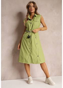 Zielona Sukienka za Kolano z Ozdobnym Paskiem Adarene ze sklepu Renee odzież w kategorii Sukienki - zdjęcie 157089811