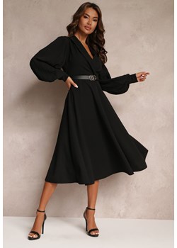 Czarna Rozkloszowana Sukienka z Paskiem i Długim Rękawem Malaiyah ze sklepu Renee odzież w kategorii Sukienki - zdjęcie 157089931