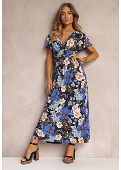Granatowa Rozkloszowana Sukienka Maxi z Krótkim Rękawem i Gumkami w Talii Gracely ze sklepu Renee odzież w kategorii Sukienki - zdjęcie 157090062