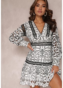Biało-Czarna Taliowana Sukienka Koronkowa z Falbanką Zanissa ze sklepu Renee odzież w kategorii Sukienki - zdjęcie 157090323