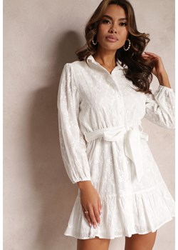 Biała Sukienka z Bawełnianej Haftowanej Tkaniny Wiązana w Talii Roselia ze sklepu Renee odzież w kategorii Sukienki - zdjęcie 157090354