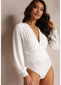 Białe Haftowane Body z Długim Rękawem Corynne ze sklepu Renee odzież w kategorii Bluzki damskie - zdjęcie 157090393