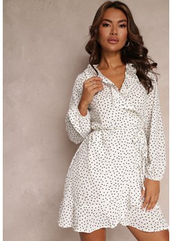 Biała Kopertowa Sukienka Mini Zdobiona Falbankami i Printem w Kropki Ophia ze sklepu Renee odzież w kategorii Sukienki - zdjęcie 157090532