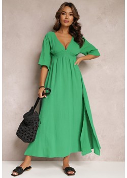 Zielona Rozkloszowana Sukienka Maxi z Głębokimi Wycięciami i Gumką w Talii Thanthea ze sklepu Renee odzież w kategorii Sukienki - zdjęcie 157090574