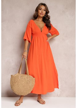 Pomarańczowa Rozkloszowana Sukienka Maxi z Głębokimi Wycięciami i Gumką w Talii Thanthea ze sklepu Renee odzież w kategorii Sukienki - zdjęcie 157090580