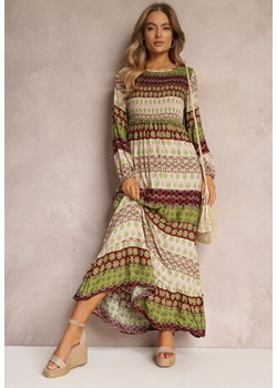 Jasnozielono-Beżowa Rozkloszowana Sukienka Maxi z Falbanką na Dole Angon ze sklepu Renee odzież w kategorii Sukienki - zdjęcie 157090584