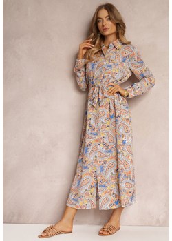 Pomarańczowo-Jasnoniebieska Koszulowa Sukienka Maxi z Kieszeniami i Guzikami Merra ze sklepu Renee odzież w kategorii Sukienki - zdjęcie 157090654