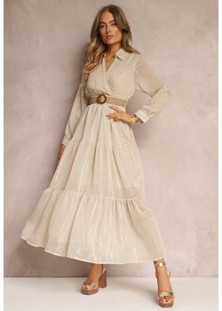 Jasnobeżowa Sukienka z Kopertowym Dekoltem i Plecionym Paskiem Velo ze sklepu Renee odzież w kategorii Sukienki - zdjęcie 157091244