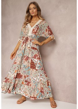 Miętowo-Beżowa Sukienka z Patchworkowym Wzorem i Chwostami Phyrine ze sklepu Renee odzież w kategorii Sukienki - zdjęcie 157091404