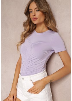 Fioletowy Marszczony T-shirt z Krótkim Rękawem i Okrągłym Dekoltem Kumari ze sklepu Renee odzież w kategorii Bluzki damskie - zdjęcie 157091604