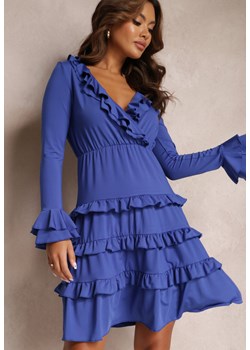 Granatowa Rozkloszowana Sukienka Mini z Gumką w Talii i Ozdobnym Dekoltem Agnena ze sklepu Renee odzież w kategorii Sukienki - zdjęcie 157091704