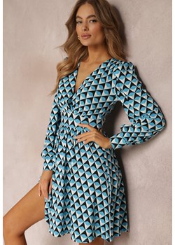 Niebieska Sukienka Mini w Geometryczny Wzór z Długim Rękawem Ezrie ze sklepu Renee odzież w kategorii Sukienki - zdjęcie 157091780