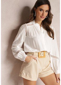 Biała Koszula z Wiskozy ze Stójką i Koronkowymi Wstawkami przy Ramionach Meami ze sklepu Renee odzież w kategorii Koszule damskie - zdjęcie 157091961