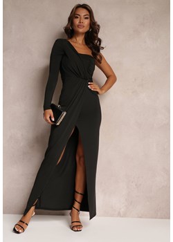 Czarna Asymetryczna Sukienka Maxi Zdobiona Drapowaniem Kiari ze sklepu Renee odzież w kategorii Sukienki - zdjęcie 157092300