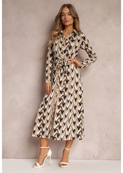Beżowa Koszulowa Sukienka w Mozaikowy Wzór Wiązana w Pasie Azalie ze sklepu Renee odzież w kategorii Sukienki - zdjęcie 157092364