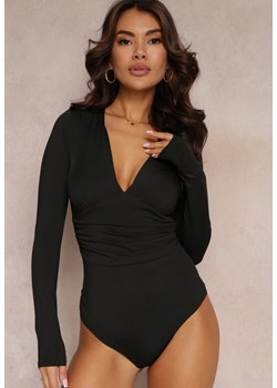Czarne Dopasowane Body z Długim Rękawem i Głębokim Dekoltem Cotine ze sklepu Renee odzież w kategorii Bluzki damskie - zdjęcie 157092770