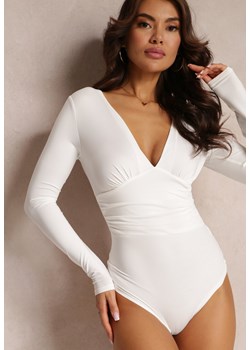 Białe Dopasowane Body z Długim Rękawem i Głębokim Dekoltem Cotine ze sklepu Renee odzież w kategorii Bluzki damskie - zdjęcie 157092773
