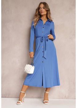 Niebieska Długa Sukienka Koszulowa z Wiązaniem w Talii Levae ze sklepu Renee odzież w kategorii Sukienki - zdjęcie 157092893