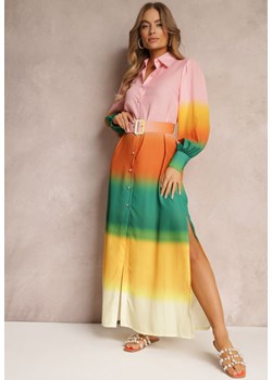 Różowo-Zielona Koszulowa Sukienka Ombre z Bufiastym Rękawem i Paskiem Brezlynn ze sklepu Renee odzież w kategorii Sukienki - zdjęcie 157093403