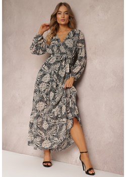 Szara Sukienka Maxi z Kopertowym Dekoltem i Gumką w Talii Srinika ze sklepu Renee odzież w kategorii Sukienki - zdjęcie 157093514