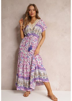 Fioletowa Sukienka Maxi ze Sznurkiem w Talii i Koronkową Wstawką przy Dekolcie Mererid ze sklepu Renee odzież w kategorii Sukienki - zdjęcie 157093664
