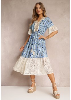 Niebieska Sukienka Maxi z Gumką w Pasie i Koronkowymi Wstawkami Tretine ze sklepu Renee odzież w kategorii Sukienki - zdjęcie 157093684