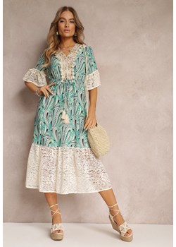 Zielona Sukienka Maxi z Gumką w Pasie i Koronkowymi Wstawkami Tretine ze sklepu Renee odzież w kategorii Sukienki - zdjęcie 157093694
