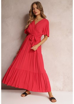 Czerwona Rozkloszowana Sukienka z Falbanką i Wiązanym Paskiem Adotine ze sklepu Renee odzież w kategorii Sukienki - zdjęcie 157094704