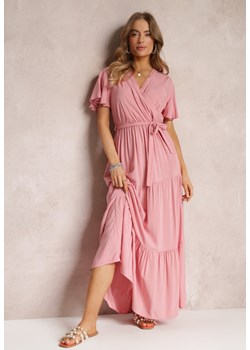 Różowa Rozkloszowana Sukienka z Falbanką i Wiązanym Paskiem Adotine ze sklepu Renee odzież w kategorii Sukienki - zdjęcie 157094714