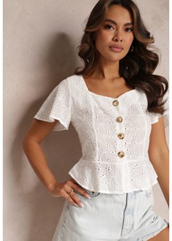 Biała Bluzka z Bawełny z Haftem i Ozdobnymi Guzikami Donnamira ze sklepu Renee odzież w kategorii Bluzki damskie - zdjęcie 157094914