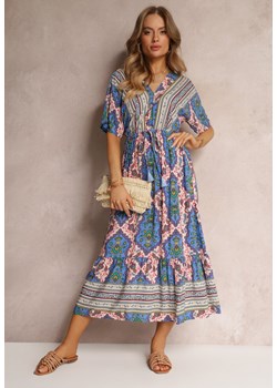 Niebieska Wiskozowa Sukienka Maxi z Gumką w Pasie i Falbanką Cophine ze sklepu Renee odzież w kategorii Sukienki - zdjęcie 157094950