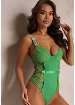 Zielone Body Zdobione Wycięciami i Koronką Calarine ze sklepu Renee odzież w kategorii Body damskie - zdjęcie 157095421