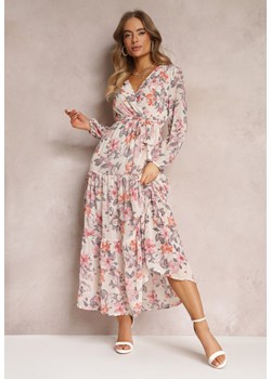 Beżowa Sukienka Maxi z Kopertowym Dekoltem i Gumką z Wiązaniem w Talii Alret ze sklepu Renee odzież w kategorii Sukienki - zdjęcie 157095612