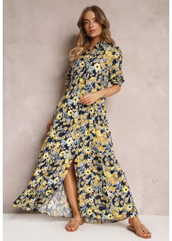 Granatowo-Żółta Koszulowa Sukienka Maxi z Podpinanymi Rękawami w Kwiatowy Wzór c ze sklepu Renee odzież w kategorii Sukienki - zdjęcie 157095622