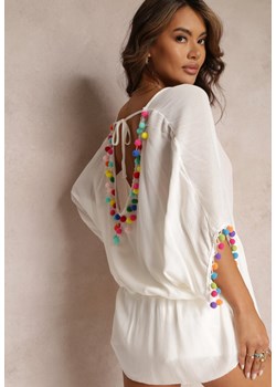 Biała Bluzka Narzutka Oversize z Pomponami i Ściągaczem Shaklia ze sklepu Renee odzież w kategorii Odzież plażowa - zdjęcie 157095744