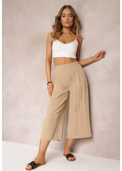 Beżowe Szerokie Spodnie z Gumką w Pasie z Bawełny Zonaeve ze sklepu Renee odzież w kategorii Spodnie damskie - zdjęcie 157095792