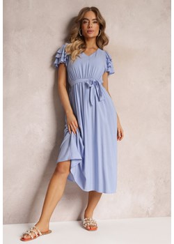 Niebieska Wiskozowa Sukienka Midi z Gumką w Talii i Falbankami Nenora ze sklepu Renee odzież w kategorii Sukienki - zdjęcie 157095840